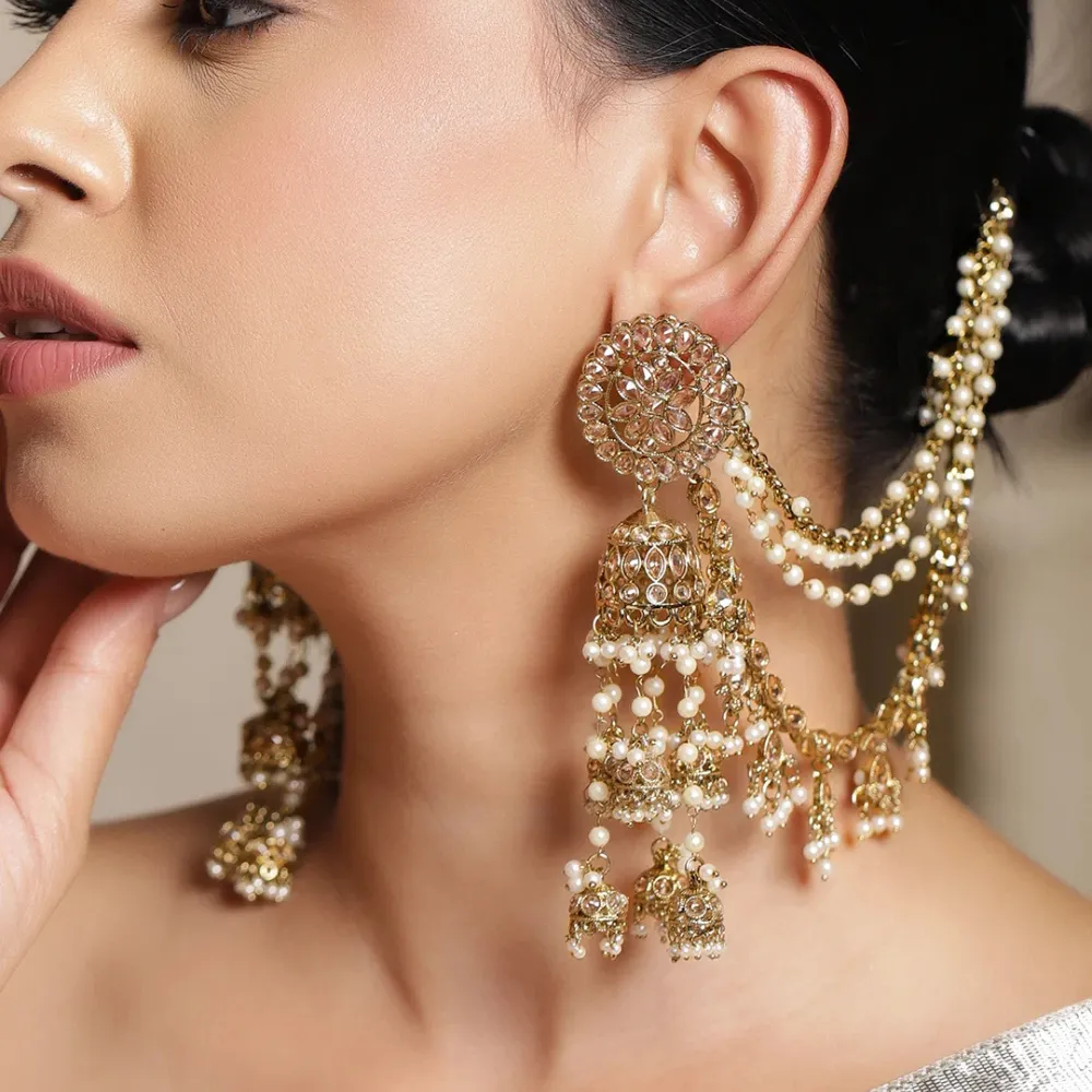 Golden Glam Kaan Phool Jhumka Earrings - Image 2