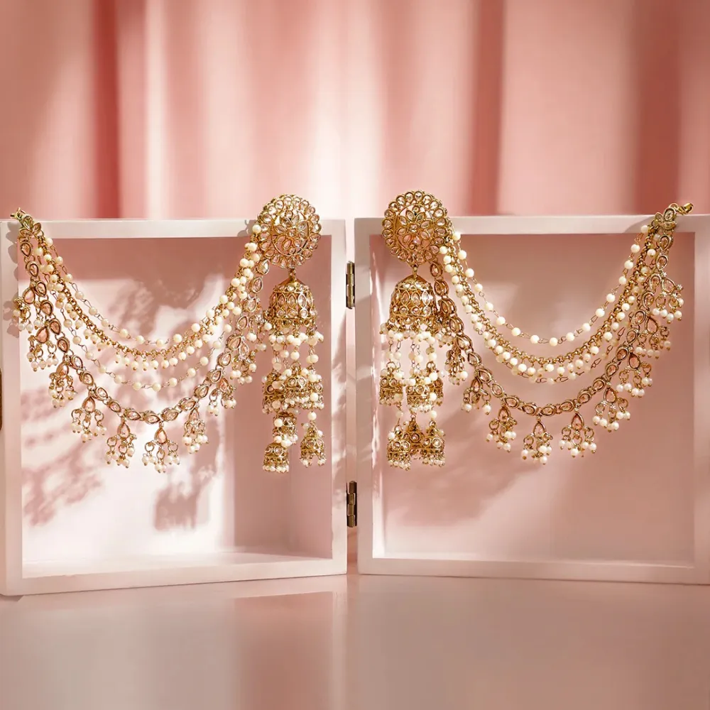 Golden Glam Kaan Phool Jhumka Earrings - Image 3